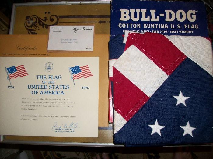 Vintage 1976 Bicentennial Flag flown at the US Capital with COA signed by Senator Lloyd Bentsen in original box.