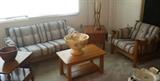 2 Ethan Allen end tables, teak serving bowl, pre-1902 Doulton large pedestal floral vase, teak-base lamp, love seat & armchair, oak small coffee table 