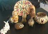 Lenox S&P shakers, Russian nesting dolls, soapstone and burlwood carvings, Peruvian baskets. 2 rare Lisa Larson Gustavsberg ceramic cats in front (brown and blue). 