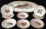 Hand-painted Austrian 22" oval fish platter with 11 8" plates by Empire China.