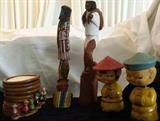 wood coaster set, Anri wood totems/sculptures and wood Asian bobbleheads