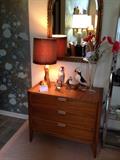 Mid Century 3 Drawer Chest, Driftwood Lamp, Carved Owl & Puffin.
