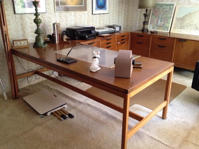 JENS RISOM Walnut Desk w/Brushed Brass Glides.