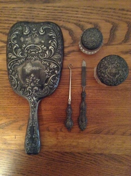 Antique silverplate ladies hand mirror and accessories.  From 1900