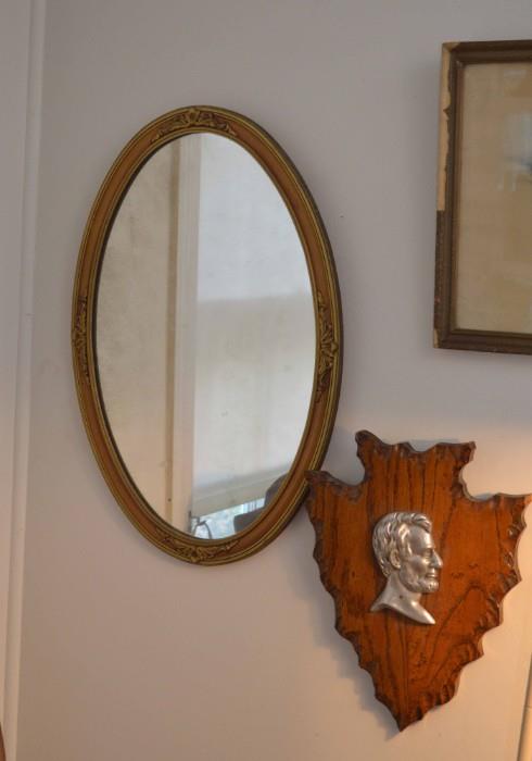 Vintage Oval Mirror and Handmade Abraham Lincoln Plaque