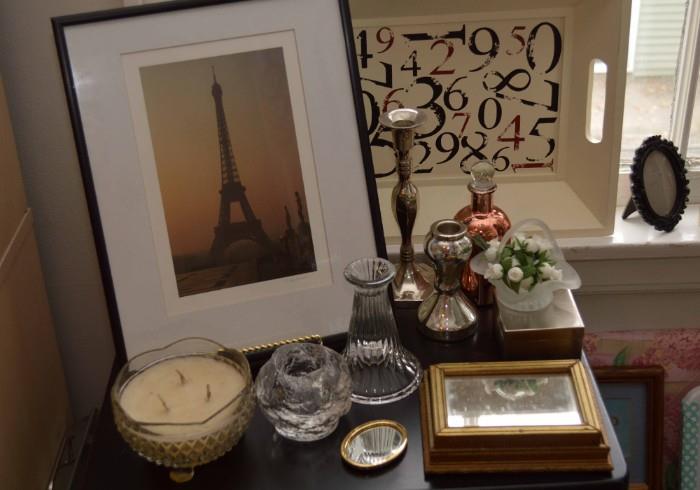 Framed Eiffel Tower Print, Candlesticks, Vintage Mirrored Box