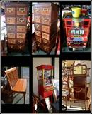 Globe Oak Card File Cabinet, Pachinko Slot Machine, Long Bench, Large Pop Corn Machine on Wheels, Antique Etagere