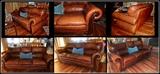 Long 86 inch Brown Leather Couch with Fancy Wood Trim