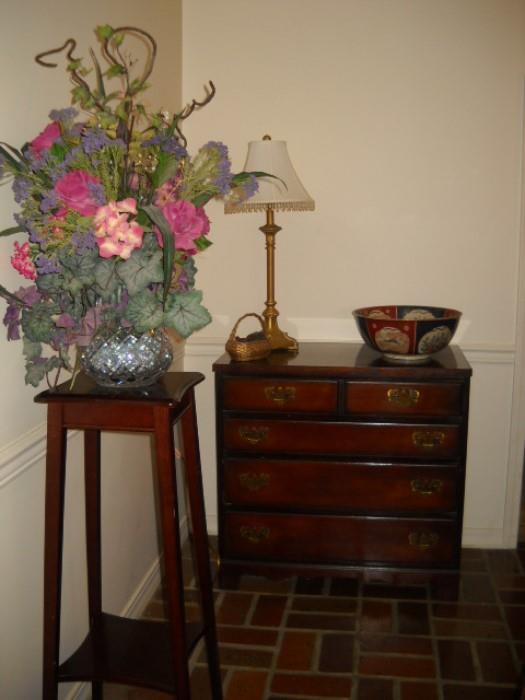 MAHOGANY FERN STAND AND 4 DRAWER CHEST WITH BRASS PULLS