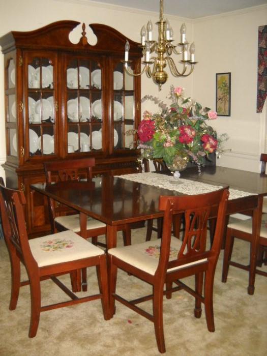 DROP LEAF DINNING TABLE WITH EMBROIDERY BOTTOM CHAIRS AND CHINA CABINET