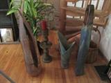 assortment of hand thrown pottery vessels and large  brass candle stick holder