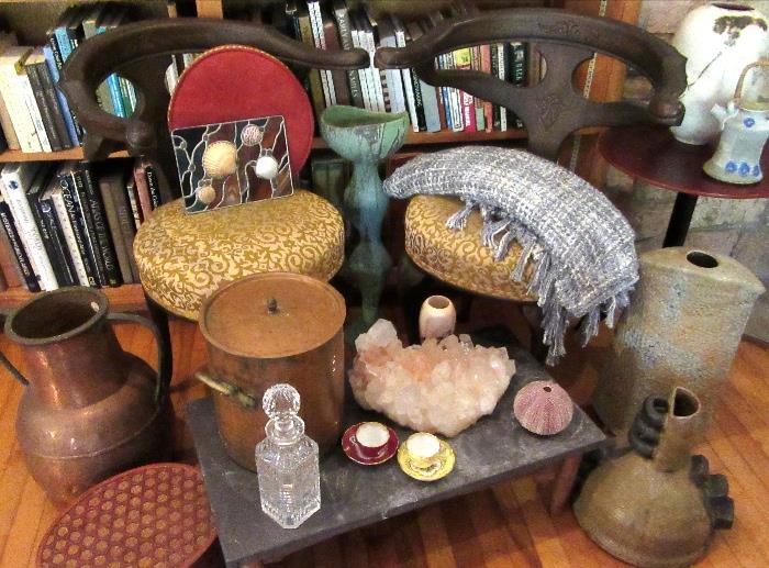 Assortment of finds at this sale. Cockfighting chairs, stained glass, copper and brass tables, china/Limoges, pottery vessels, quartz crystal is 20.8 lbs.