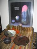 Toshiko Takaezu rare tapastry, poster, and 3 pottery pieces (large bowl has shrinkage crack in base).