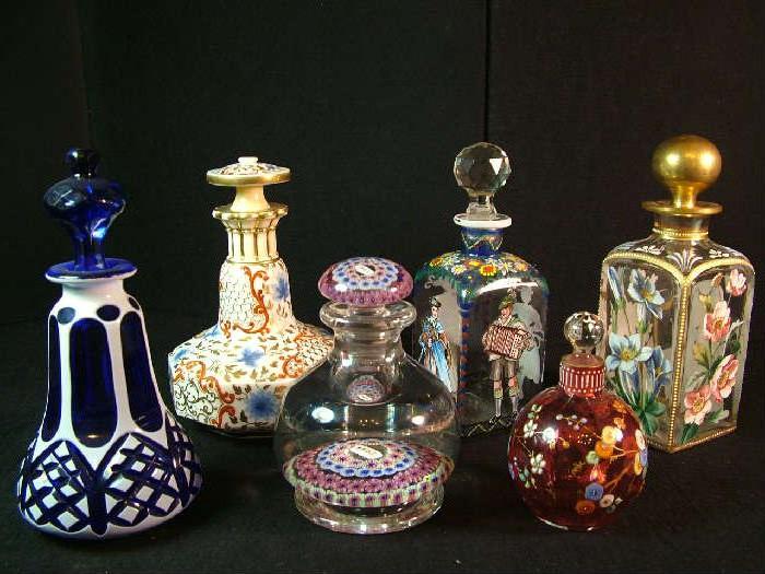 perfume bottles - Cobalt case glass cut to clear with white enamel, Millefiori paperweight with floral canes, cranberry enamel, floral enamel