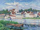 Lot 31: MASURE ROUSSEL, (French, 1863-1919), Le Village au Bord de la Riviere, Oil on canvas, H 21¼ x W 29 inches