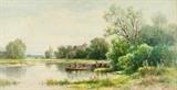 Lot 47: CARL WEBER, (American/German, 1850-1921), Fishing at the Lake, Watercolor on paper, H 13 x W 25¼ inches
