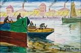 Lot 52: BENITO QUINQUELA MARTIN, (Argentinian, 1890-1977), La Boca, Hand painted ceramic tile, H 12 x W 18 inches