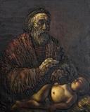 Lot 57: VYACHESLAV MIKHAILOV, (Russian, born 1945), Old Man and Child, 1999, Mixed media, chalk priming and oil on canvas, H 34 x W 28 inches