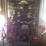 4 panel Chinese Black Lacquer with mother of pearl screen, Chinese chairs and cabinet