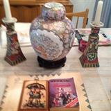 Asian jar and candlesticks   below is a hummel collectible