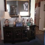 Stunning Chinese cabinet and matching mirror with more Chinese collectibles atop