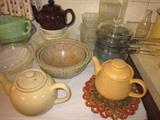 Vintage teapots, Pyrex Flameware double boiler, vintage refrigerator dishes, Melmac Apollo Ware