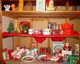 Christmas decor: coffee mugs, trays, plates, etc.  Wrapping, two lighted ceramic Christmas trees.