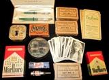 Vintage items:  Schaefer pen set, card sets of leading moving pictures stars, two Marlboro radios, Pop Eye dime bank, Pepsi Cola aluminum lighter