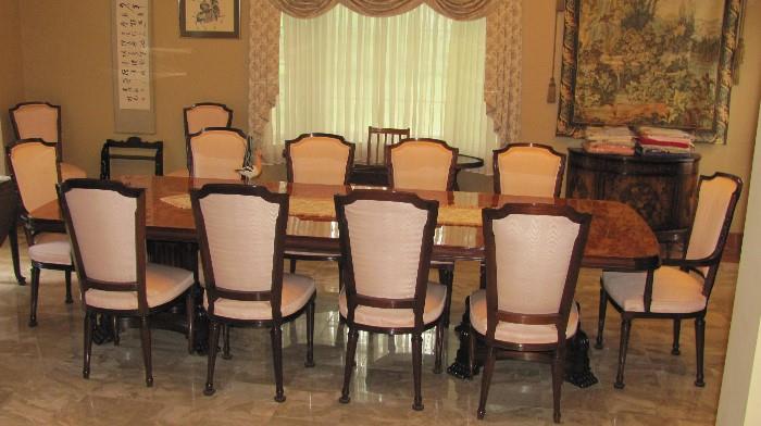 Massive Burlwood Dining Table with large carved double pedestal base. 