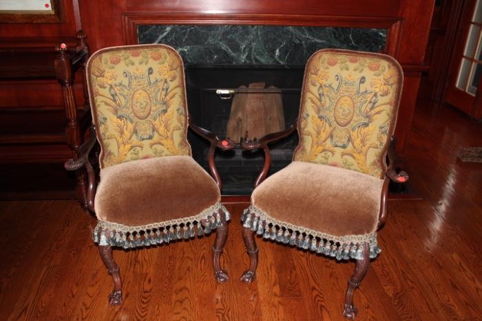 Pair Upholstered, Fringed Side Chairs