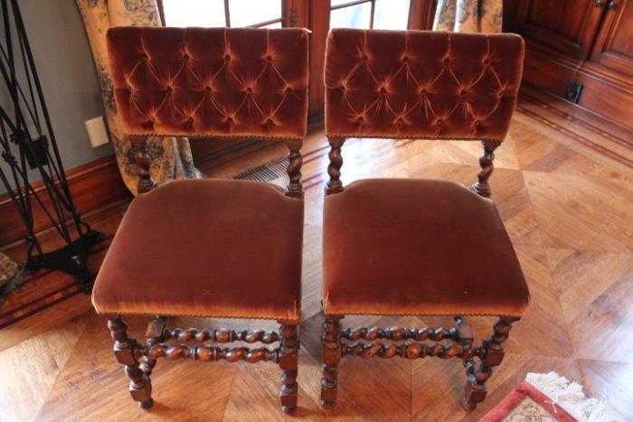 Pair Velvet, Tufted Back Chairs