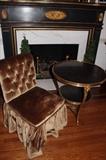Upholstered Chair with Skirt & Round Side Table with Lower Shelf