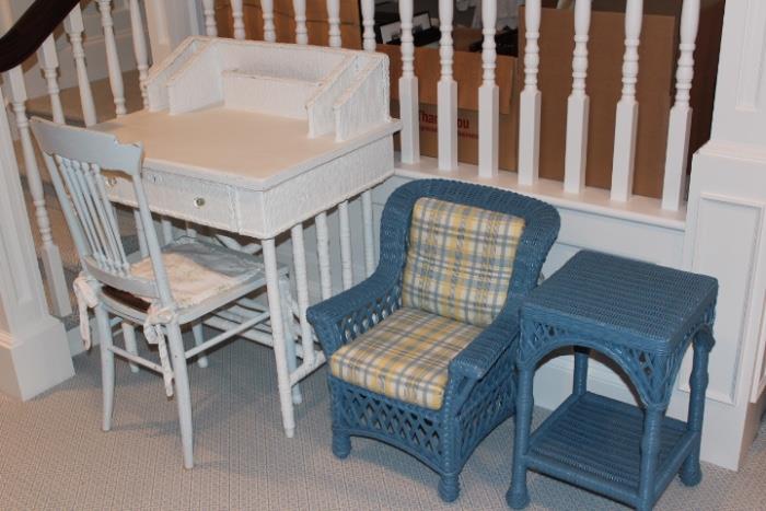 White Writing Desk & Small Child's Blue Wicker Chair with Cushions & Blue Wicker Side Table