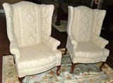 Pair of Cream Damask Wing Chairs