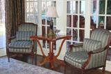 Pair Louis XV Upholstered Chairs and John Widdicomb inlay pedestal table