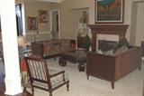 Pair Laneventure Excursions sofas with exquisite fabric and detail, pair of Lexington wood frame upholstered arm chairs, large square marbletop Marge Carson coffee table