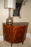 Pair fine cherry inlay demilunes with pair of silvered glass lamps and silver leaf mirrors
