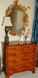 English Yew Wood Chest by Southampton, Gold Florentine Hummingbird Mirror, Pair Chelsea House Italian Porcelain Parrots, Black Tole Wildwood Lamp