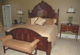 Grand scale Victorian king bed, inlay side table, Chippendale style bench, large three arm candelabra lamps with unique shades