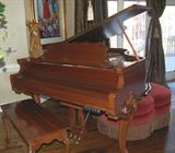Mid-Century Haines Brothers baby grand mahogany player piano, velvet fringed clover shape ottoman, three Sabzi original paintings