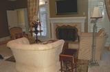 Marge Carson tweed club chair, French chair and ottoman, Sherril mahogany side table, many lovely lamps