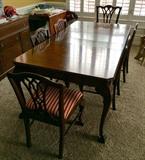 Mahogany Dining room table with 6 custom upholstered chairs & extra leafs