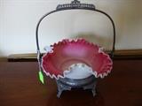 Victorian Brides Basket  / Cranberry Cased Glass Bowl