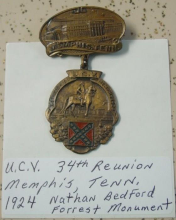 U.C.V. 34th Reunion Medal Dated 1924 - Memphis, TENN with Nathan Bedford Forrest Monument 