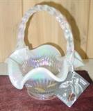 Fenton Opal Glass Basket - Hand Painted & Artist Signed
