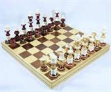 Wood & bone chess set in wooden hinged box / game board: 17 3/4" x 17 3/4". Red queen missing top of crown. Please preview for details.
