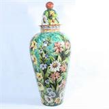 Gorgeous enormous hand-painted ceramic urn with lid, hallmarked "Majolica / Santa Rosa / Guanajuato Mexico": 42" high, like new! Item cannot be shipped: winning bidder must pick up this item in person at our San Antonio, Texas gallery.