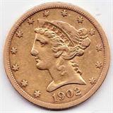 1902-S U.S. $5 Liberty head gold coin graded very fine