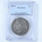 Certified 1893-S U.S. Morgan silver dollar authenticated & graded F15 by PCGS (the Professional Coin Grading Service)