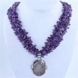 Estate triple-strand amethyst necklace with rose quartz pendant: 18” necklace, 1 5/8” pendant